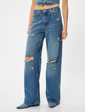 Geniş Paça Kot Pantolon Yıpratılmış Normal Bel Cepli Pamuklu - Wide Leg Jeans_2