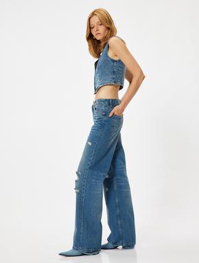 Geniş Paça Kot Pantolon Yıpratılmış Normal Bel Cepli Pamuklu - Wide Leg Jeans_1