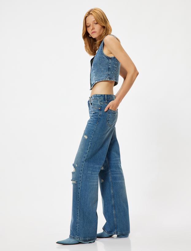 Geniş Paça Kot Pantolon Yıpratılmış Normal Bel Cepli Pamuklu - Wide Leg Jeans_1