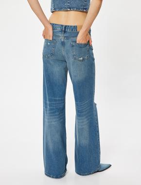 Geniş Paça Kot Pantolon Yıpratılmış Normal Bel Cepli Pamuklu - Wide Leg Jeans_3