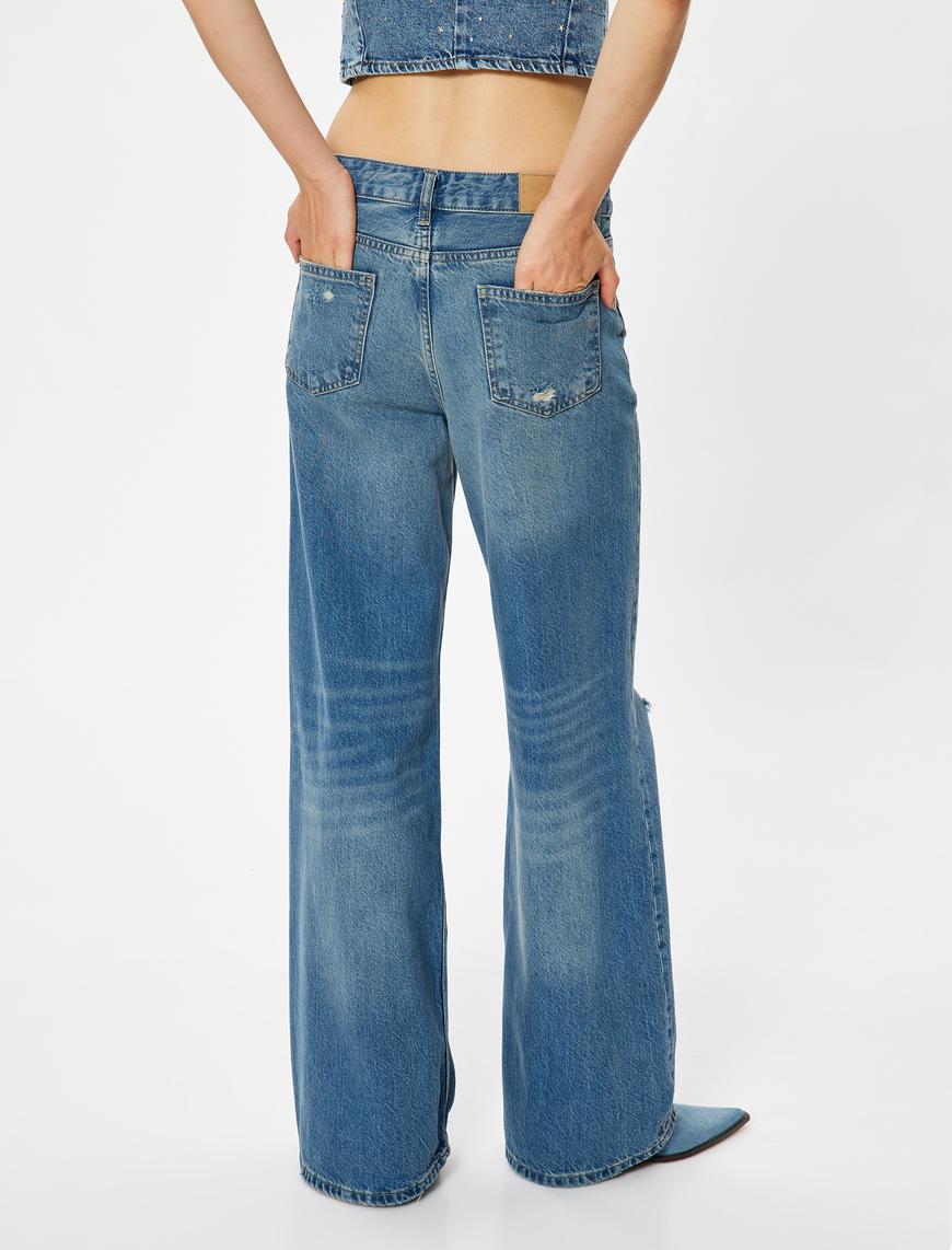   Geniş Paça Kot Pantolon Yıpratılmış Normal Bel Cepli Pamuklu - Wide Leg Jeans