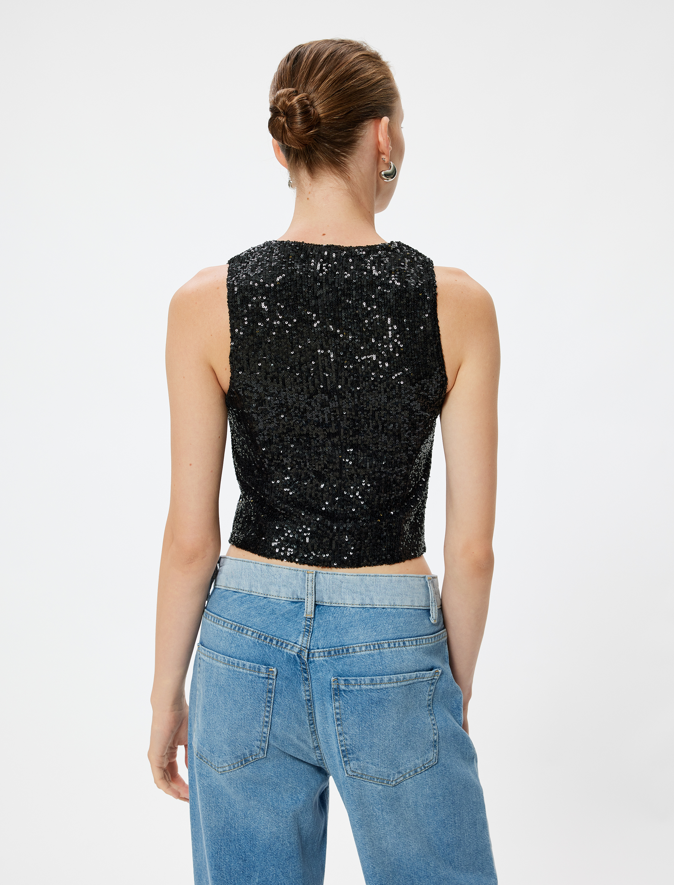   Abiye Yelek Crop Pullu Payetli V Yaka Kolsuz Düğmeli Slim Fit