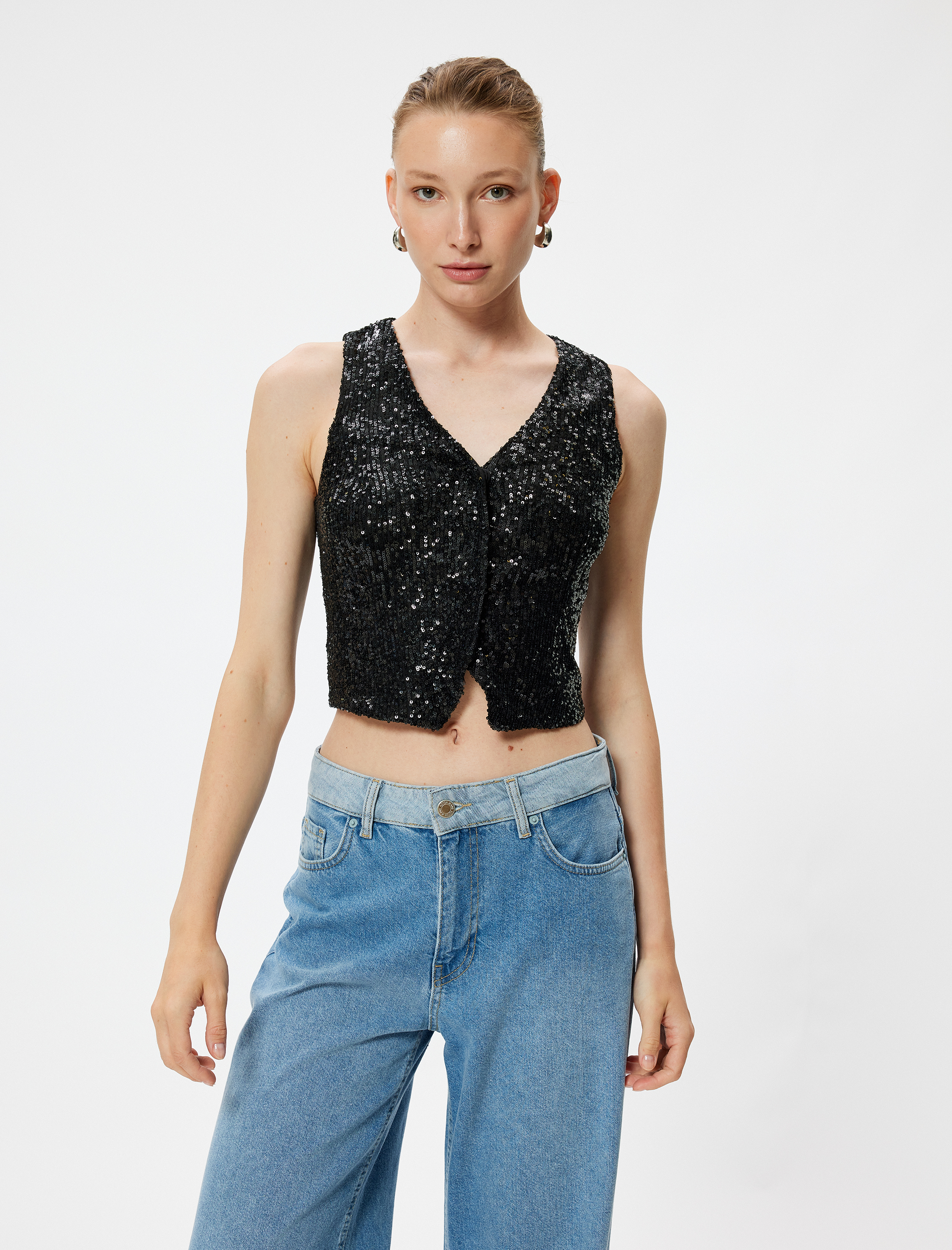   Abiye Yelek Crop Pullu Payetli V Yaka Kolsuz Düğmeli Slim Fit