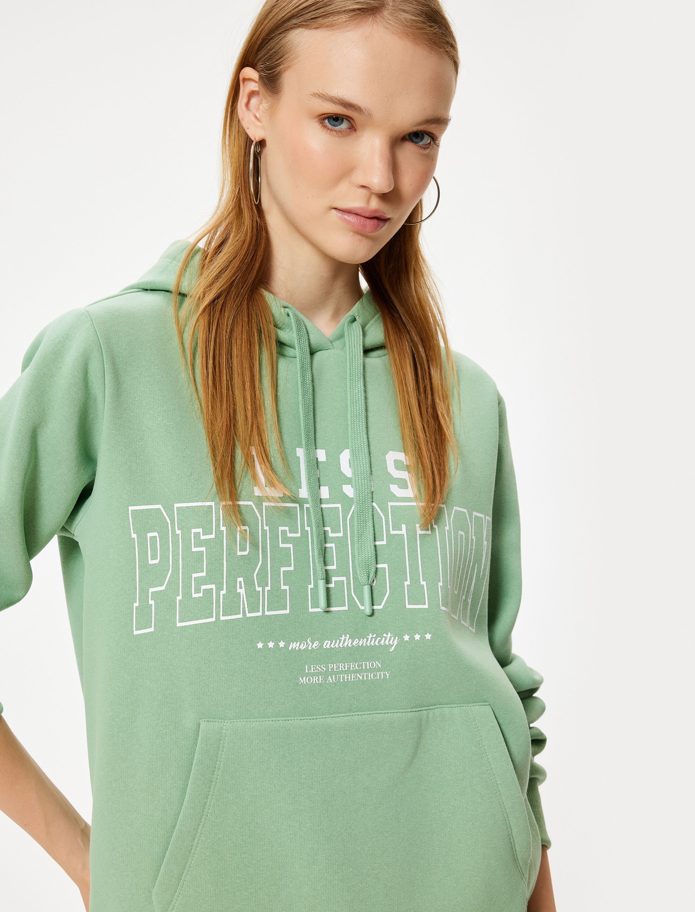  Oversize Kapüşonlu Sweatshirt Slogan Baskılı Kanguru Cepli Şardonlu