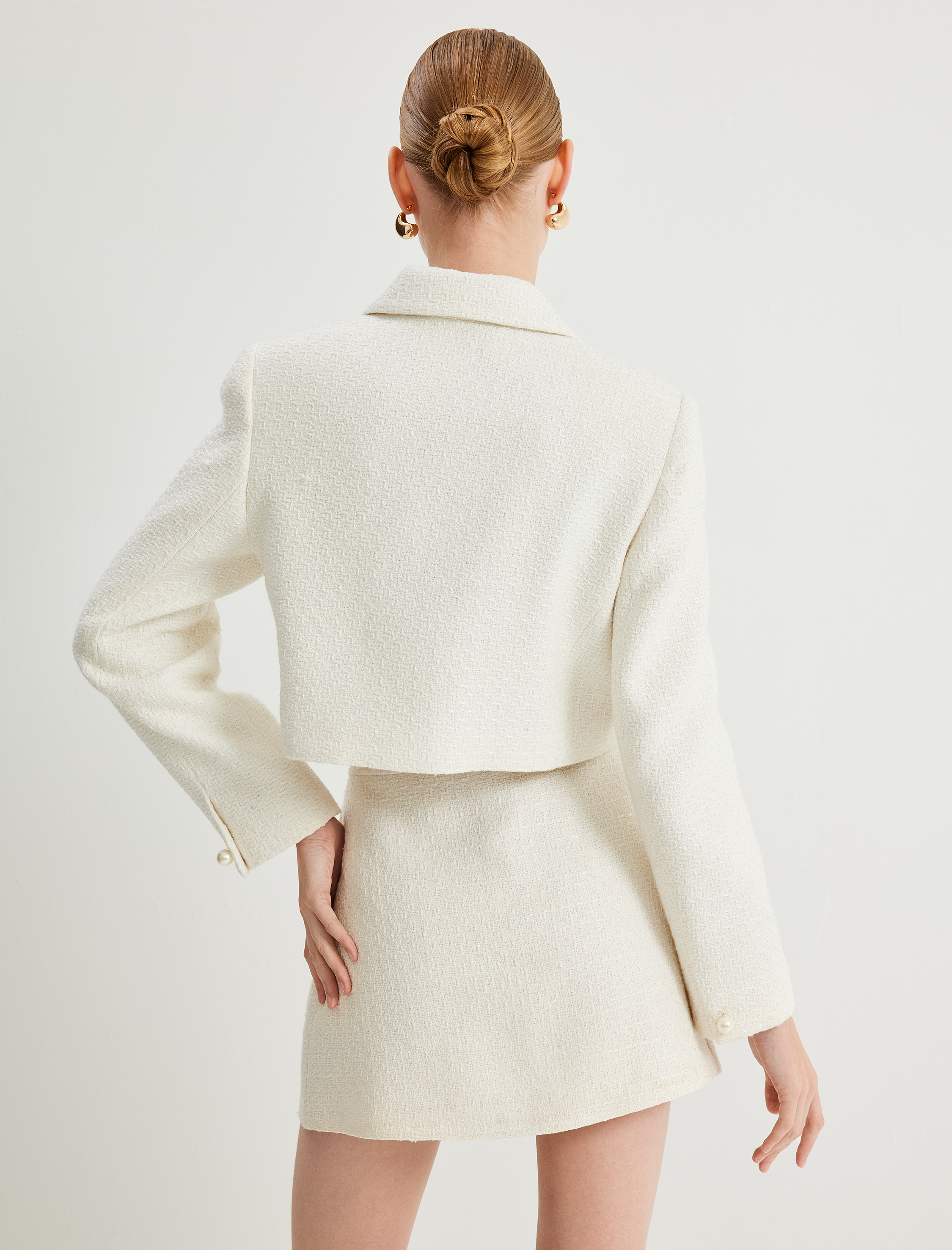   Crop Tüvit Blazer Ceket Kruvaze İnci Düğmeli