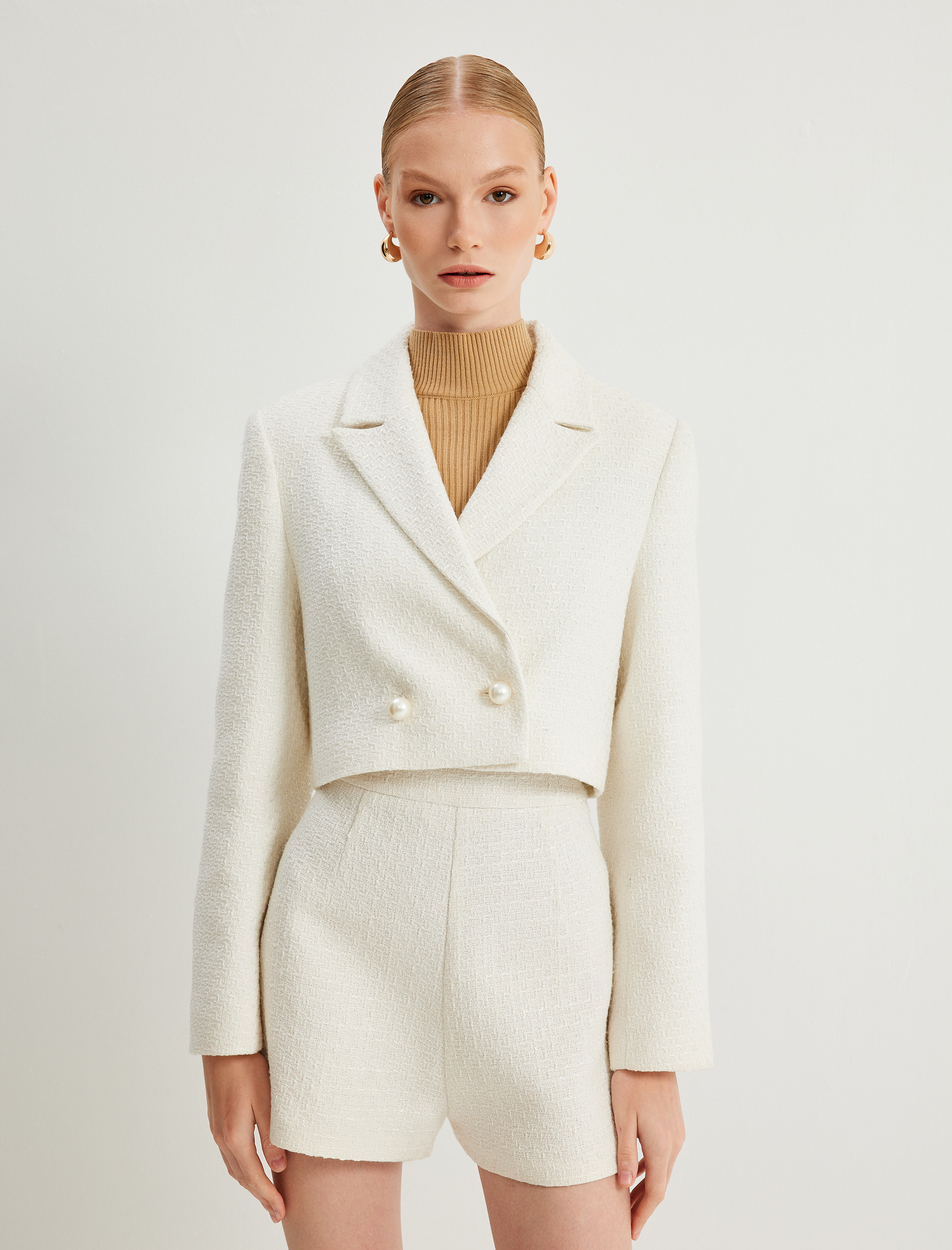   Crop Tüvit Blazer Ceket Kruvaze İnci Düğmeli