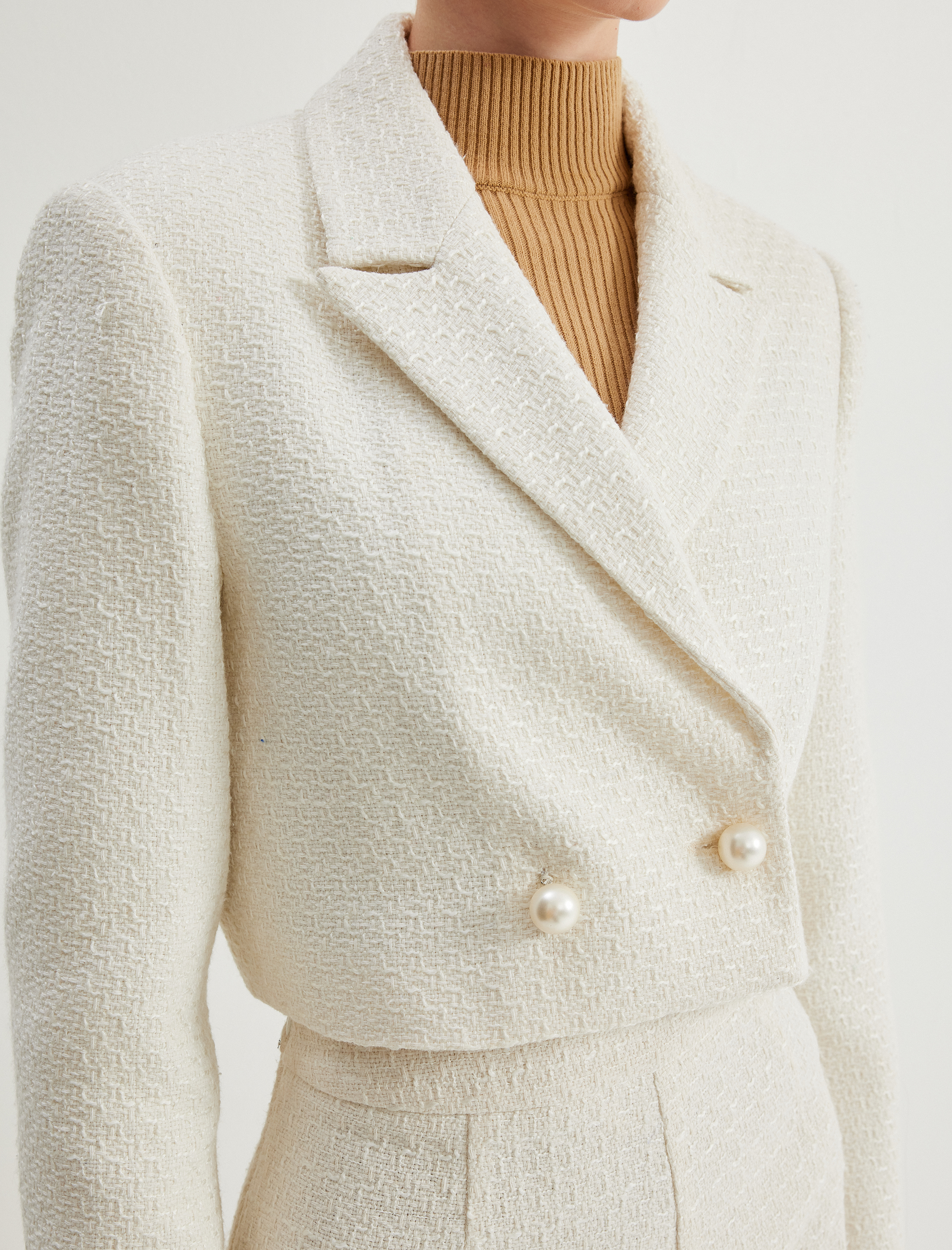   Crop Tüvit Blazer Ceket Kruvaze İnci Düğmeli