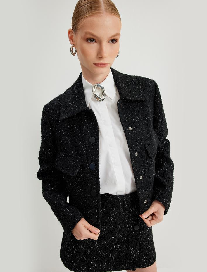  Crop Tüvit Ceket Gömlek Yaka Kapaklı Cep Detaylı