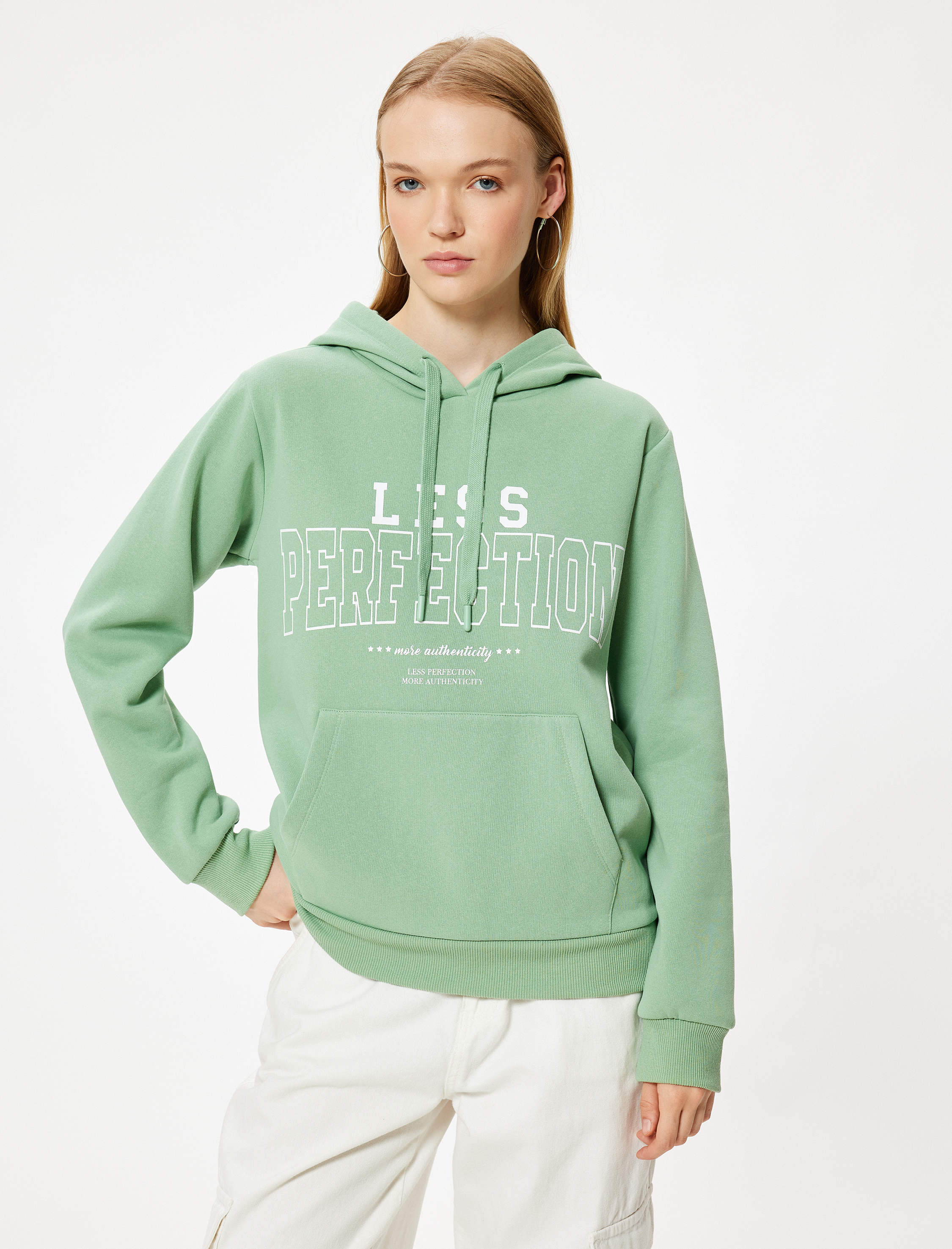   Oversize Kapüşonlu Sweatshirt Slogan Baskılı Kanguru Cepli Şardonlu