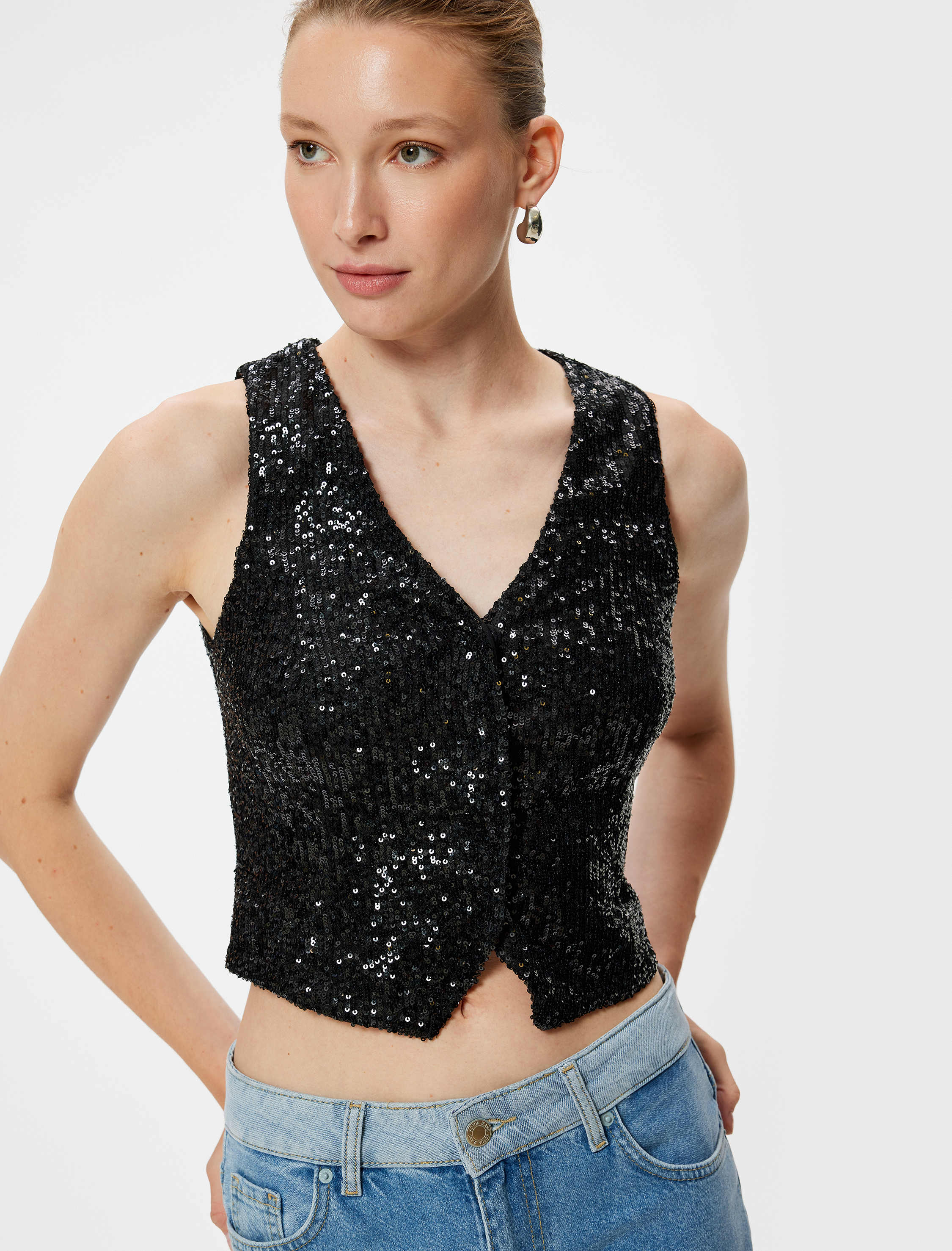   Abiye Yelek Crop Pullu Payetli V Yaka Kolsuz Düğmeli Slim Fit