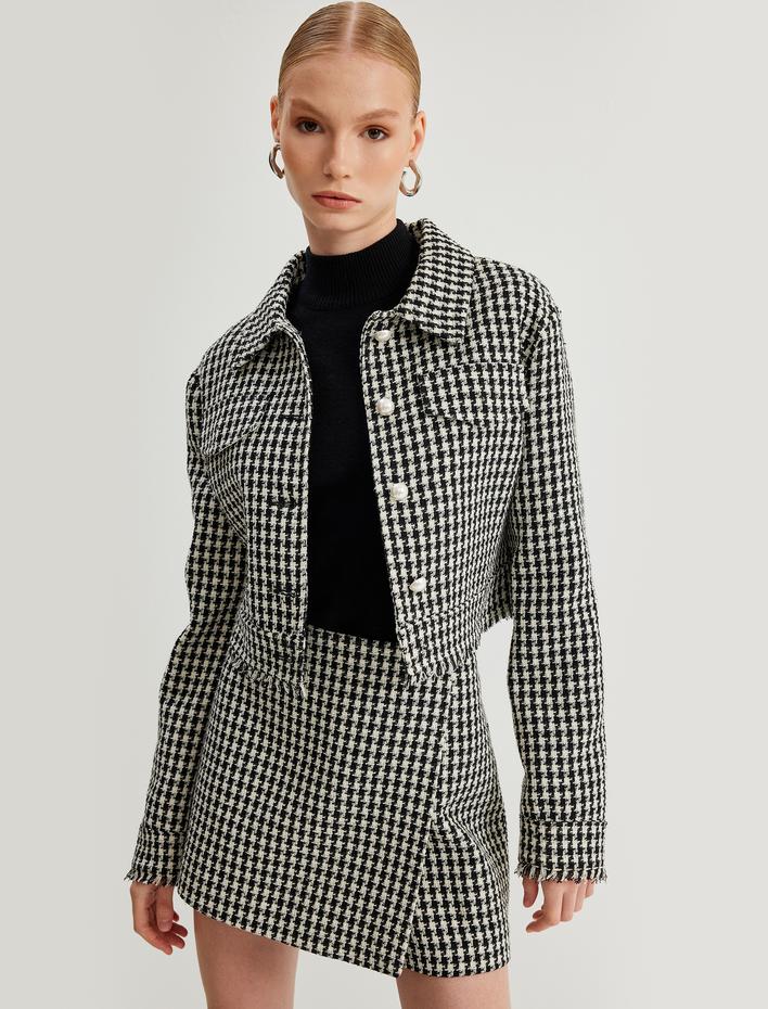  Kruvaze Kazayağı Desenli Mini Tüvit Şort Etek