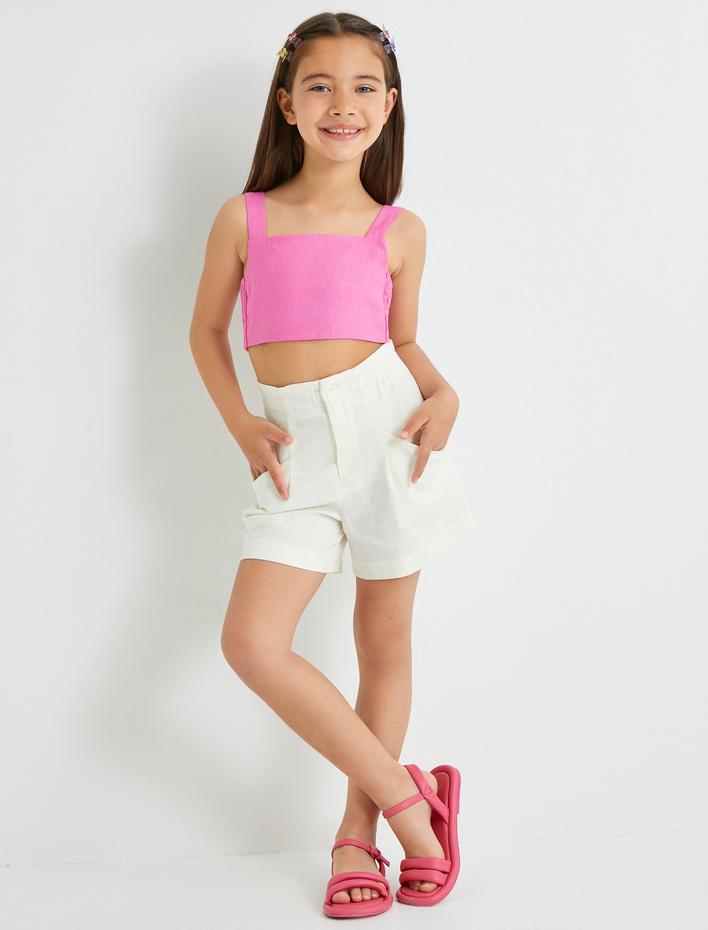 Kız Çocuk Keten Şort Beli Lastikli Cepli