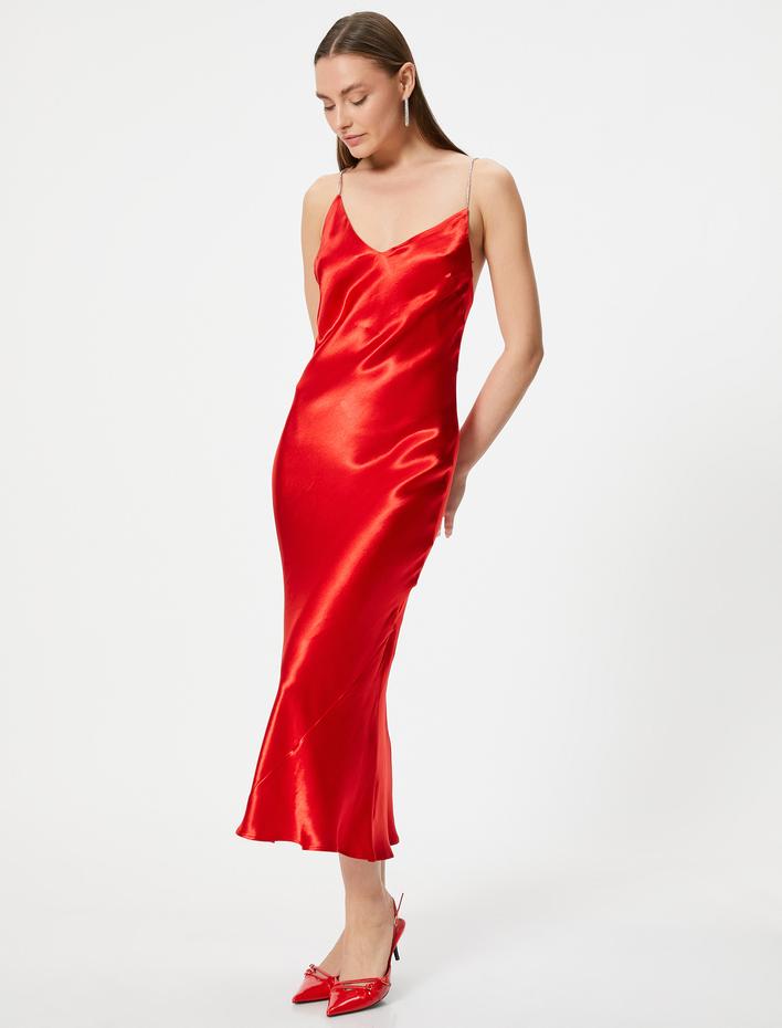  Uzun Saten Abiye Elbise V Yaka Çapraz Taşlı Askılı