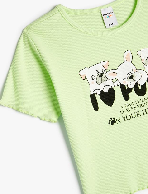Crop Tişört Köpek Baskılı Kısa Kollu Yuvarlak Yaka Pamuklu_2