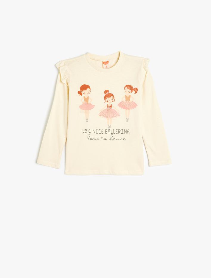 Kız Bebek Uzun Kollu Tişört Balerin Baskılı Pamuklu Bisiklet Yaka