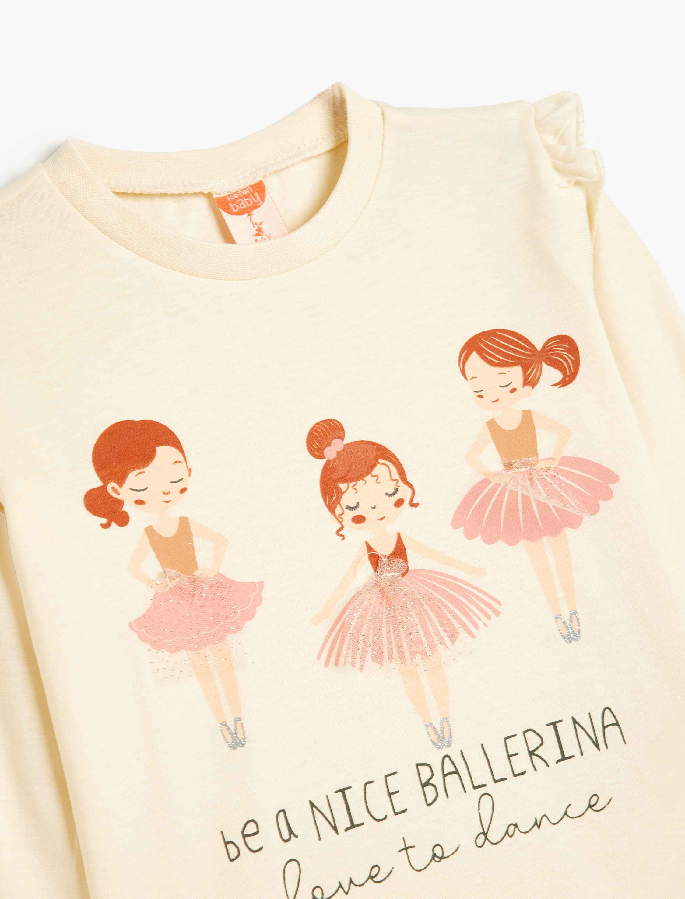  Kız Bebek Uzun Kollu Tişört Balerin Baskılı Pamuklu Bisiklet Yaka