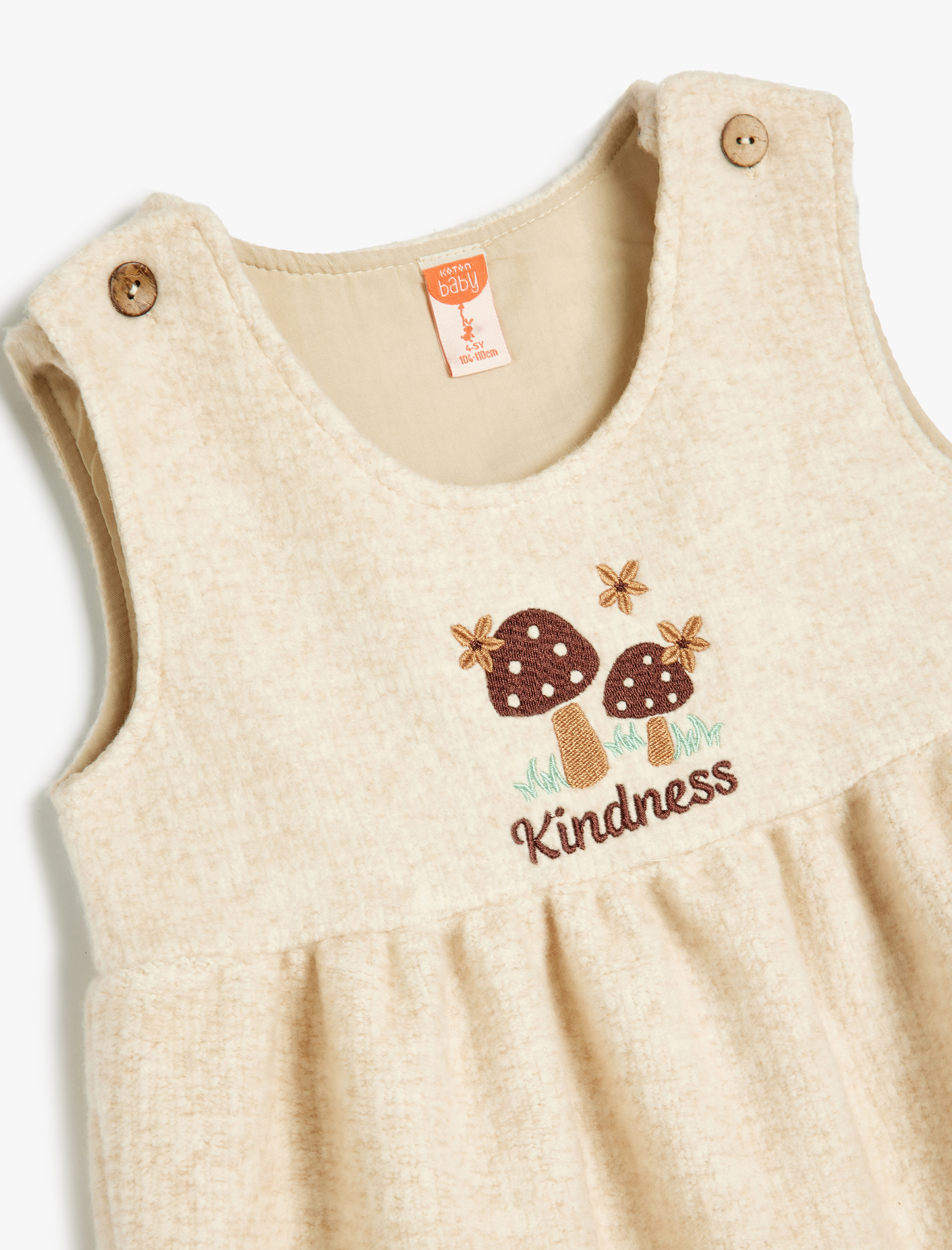  Kız Bebek Düğme Detaylı Mantar İşlemeli Askılı Elbise