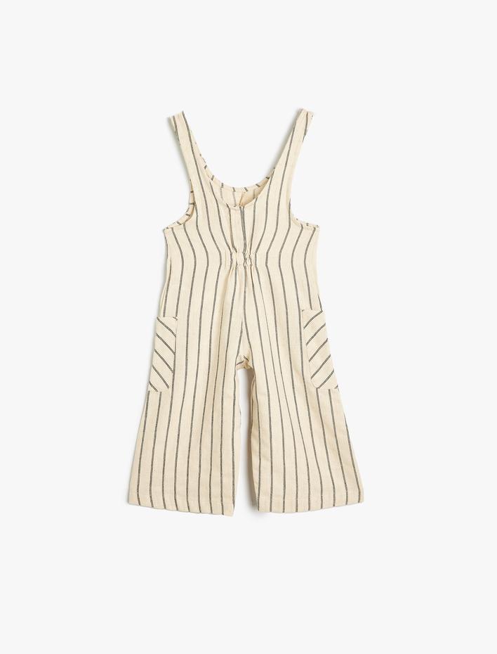 Kız Bebek Keten Tulum Yuvarlak Yaka Kolsuz Cep Detaylı