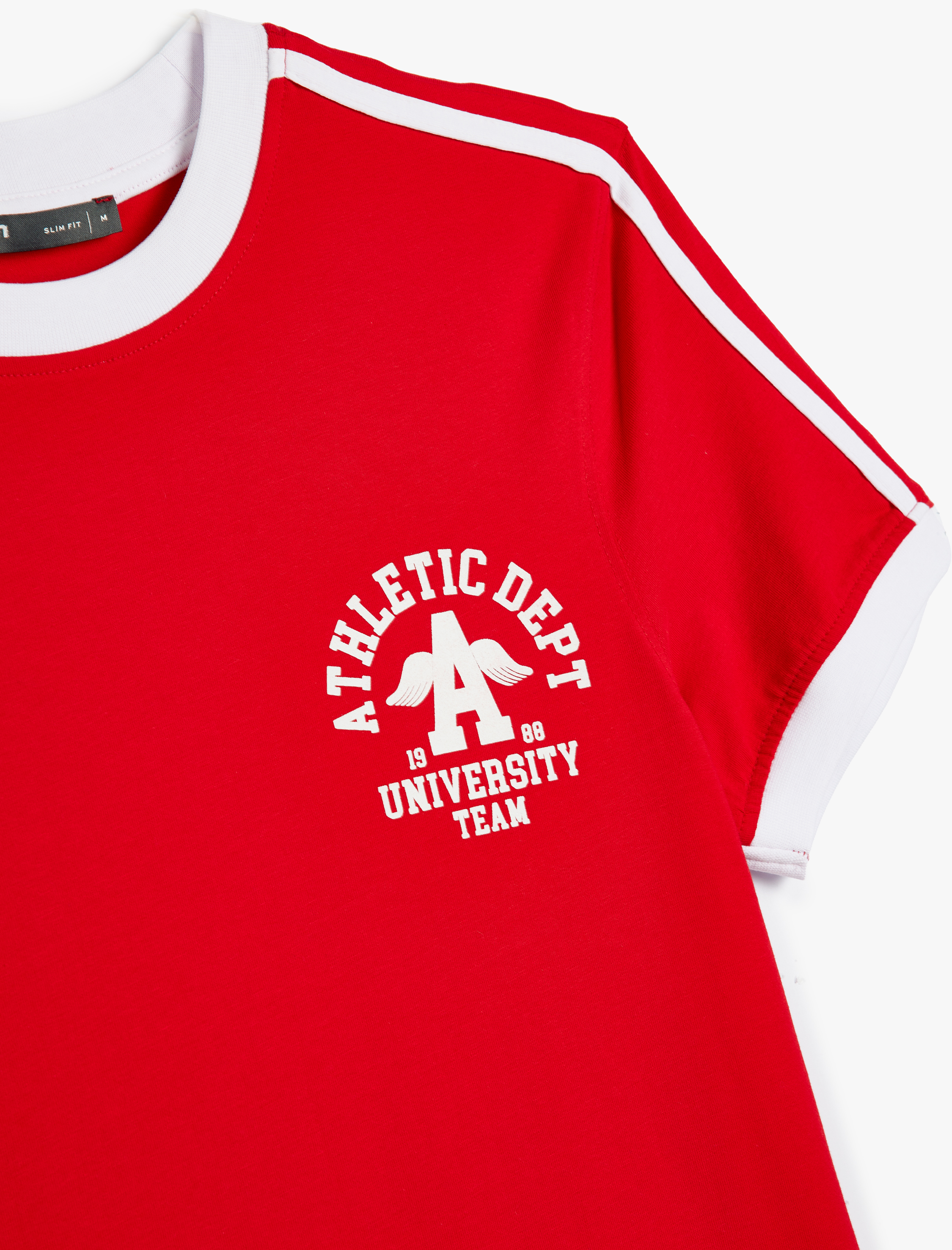 Slim Fit Tişört Kolej Baskılı Kısa Kollu Bisiklet Yaka