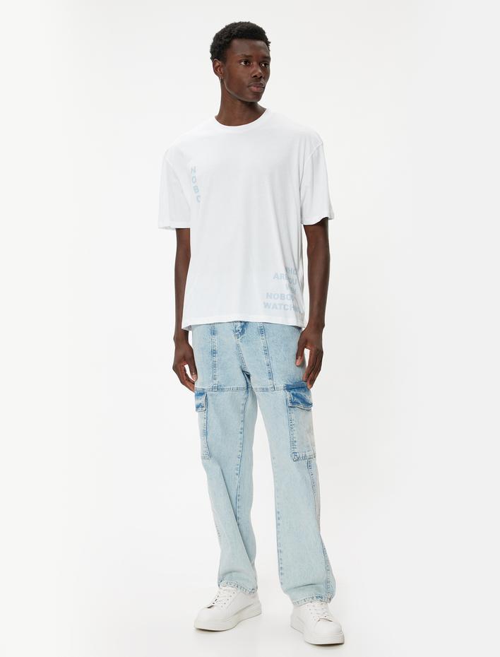  Slogan Baskılı Kısa Kollu Pamuklu Bisiklet Yaka Oversize Tişört