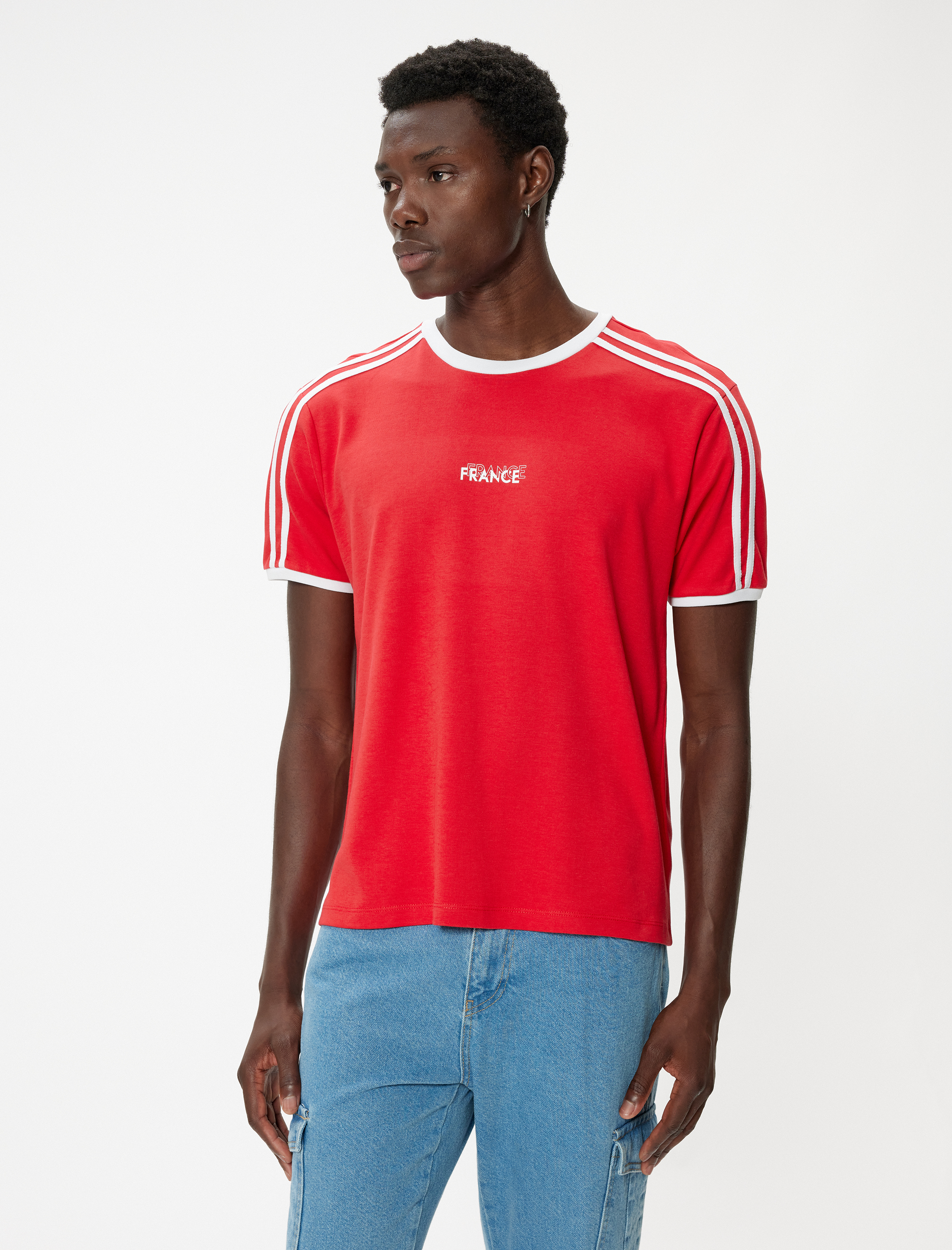   Slim Fit Tişört Slogan Baskılı Kısa Kollu Bisiklet Yaka Biyeli