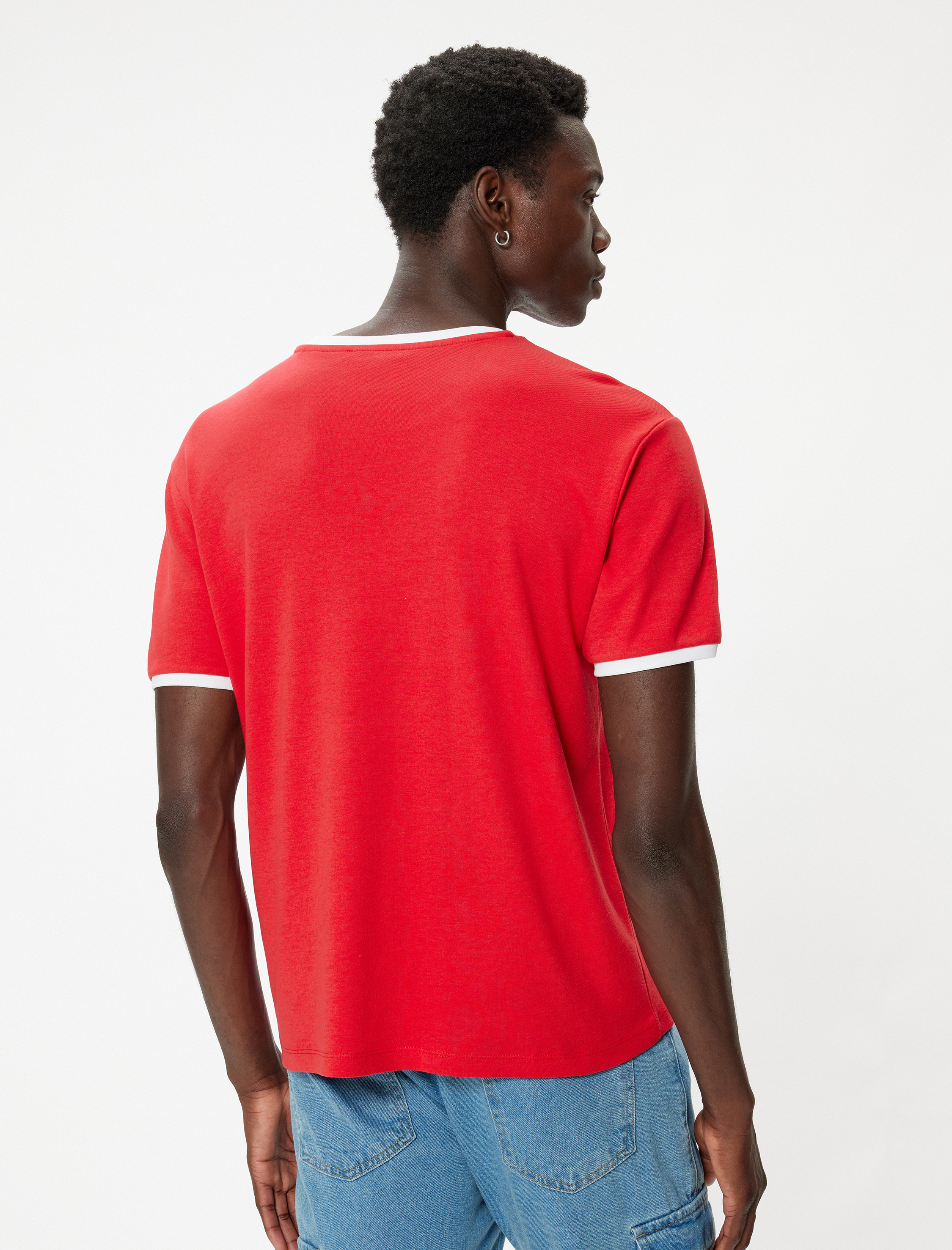   Slim Fit Tişört Slogan Baskılı Kısa Kollu Bisiklet Yaka Biyeli