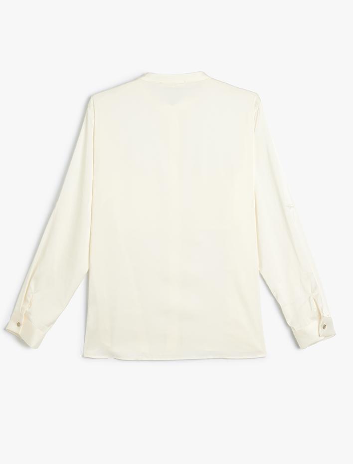  Yakasız Saten Gömlek Uzun Kollu Aplike Cep Detaylı