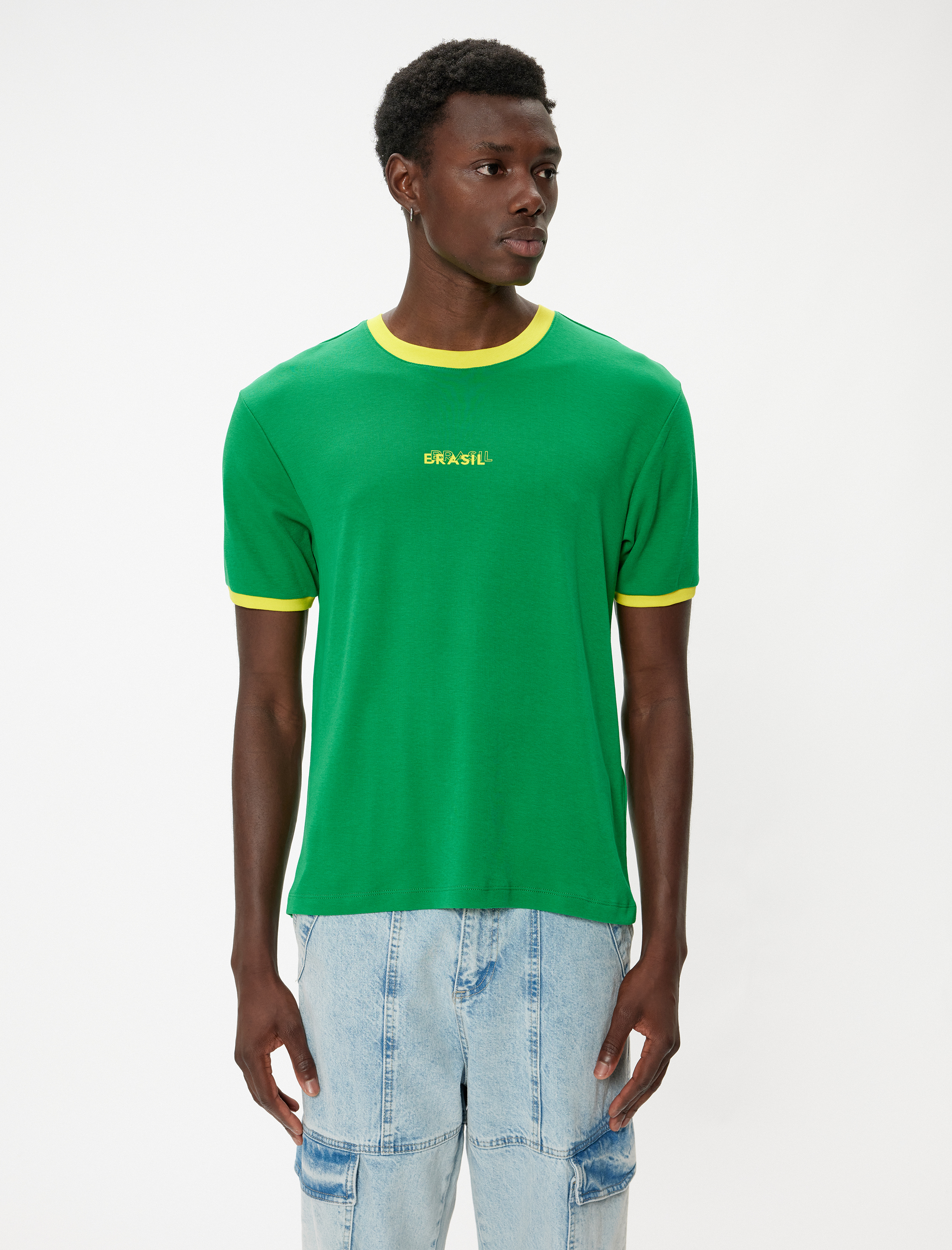   Slim Fit Tişört Slogan Baskılı Kısa Kollu Bisiklet Yaka