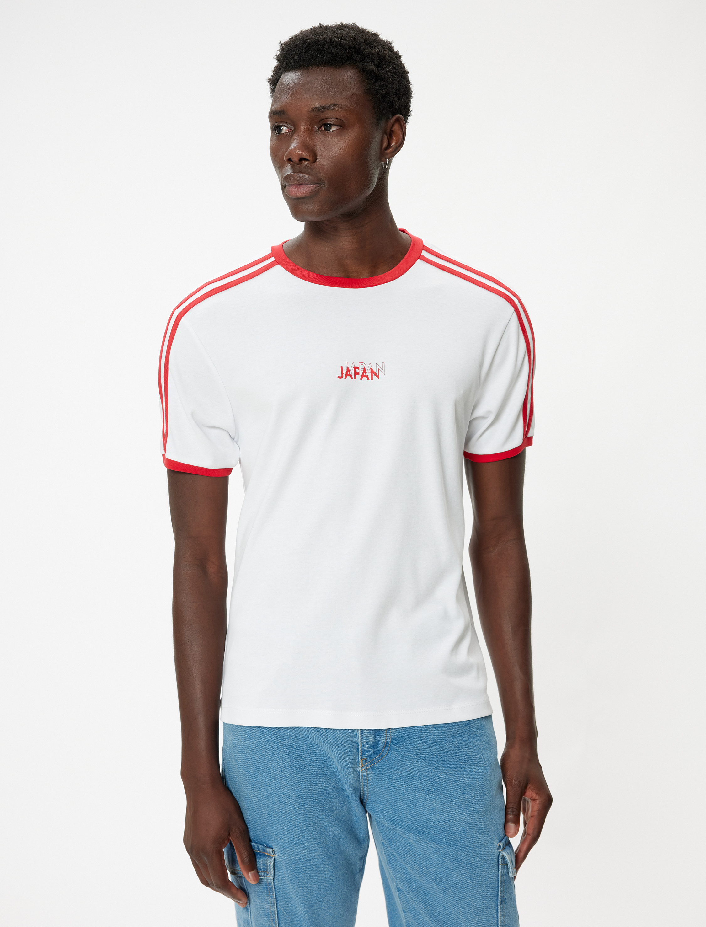 Slim Fit Tişört Slogan Baskılı Kısa Kollu Bisiklet Yaka Biyeli