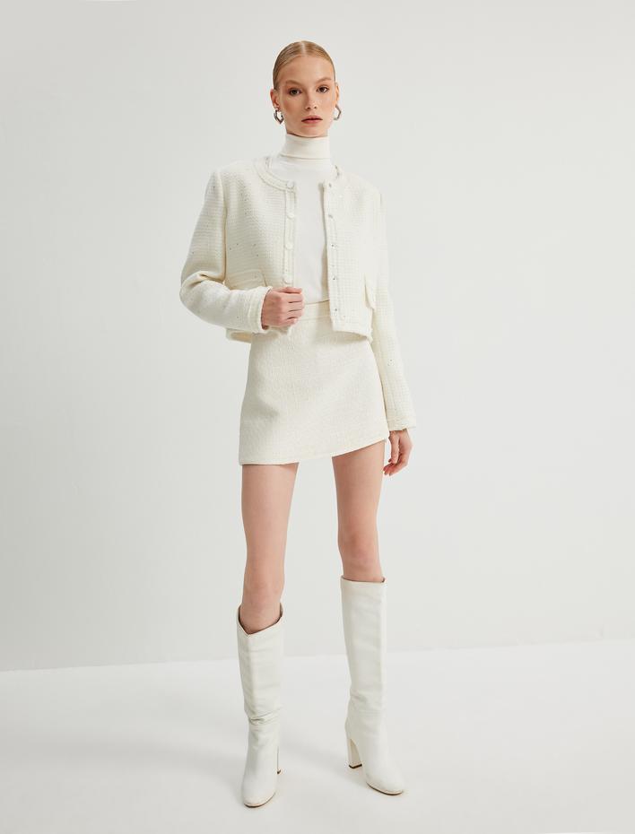  Parıltılı Yuvarlak Yaka Cepli Çıt Çıt Düğme Detaylı Kısa Tüvit Ceket