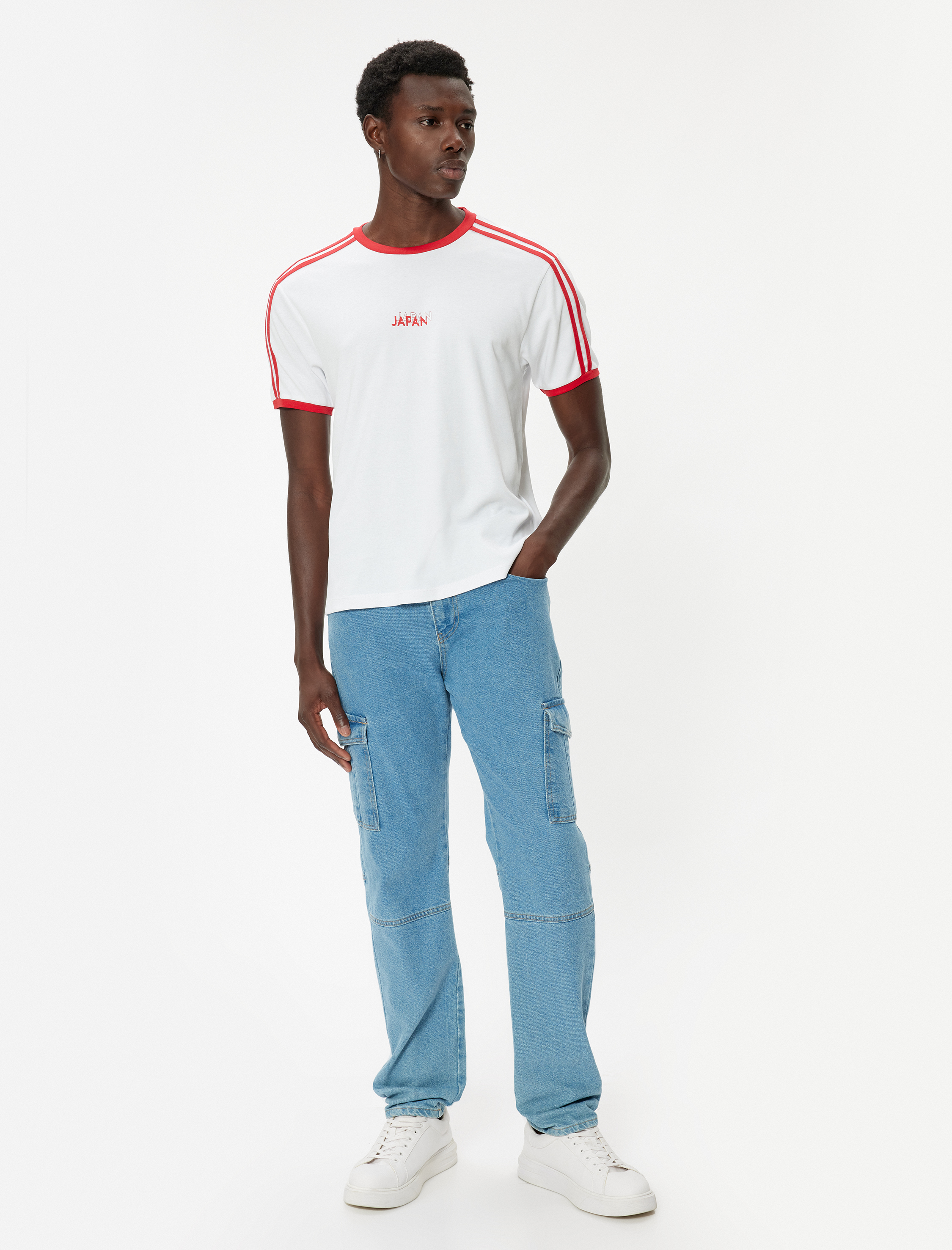 Slim Fit Tişört Slogan Baskılı Kısa Kollu Bisiklet Yaka Biyeli