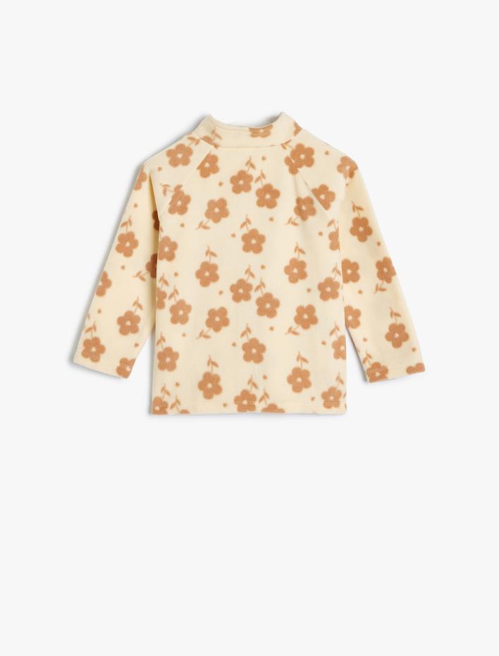 Kız Bebek Polar Sweatshirt Fermuarlı Uzun Kollu Dik Yaka Çiçek Desenli
