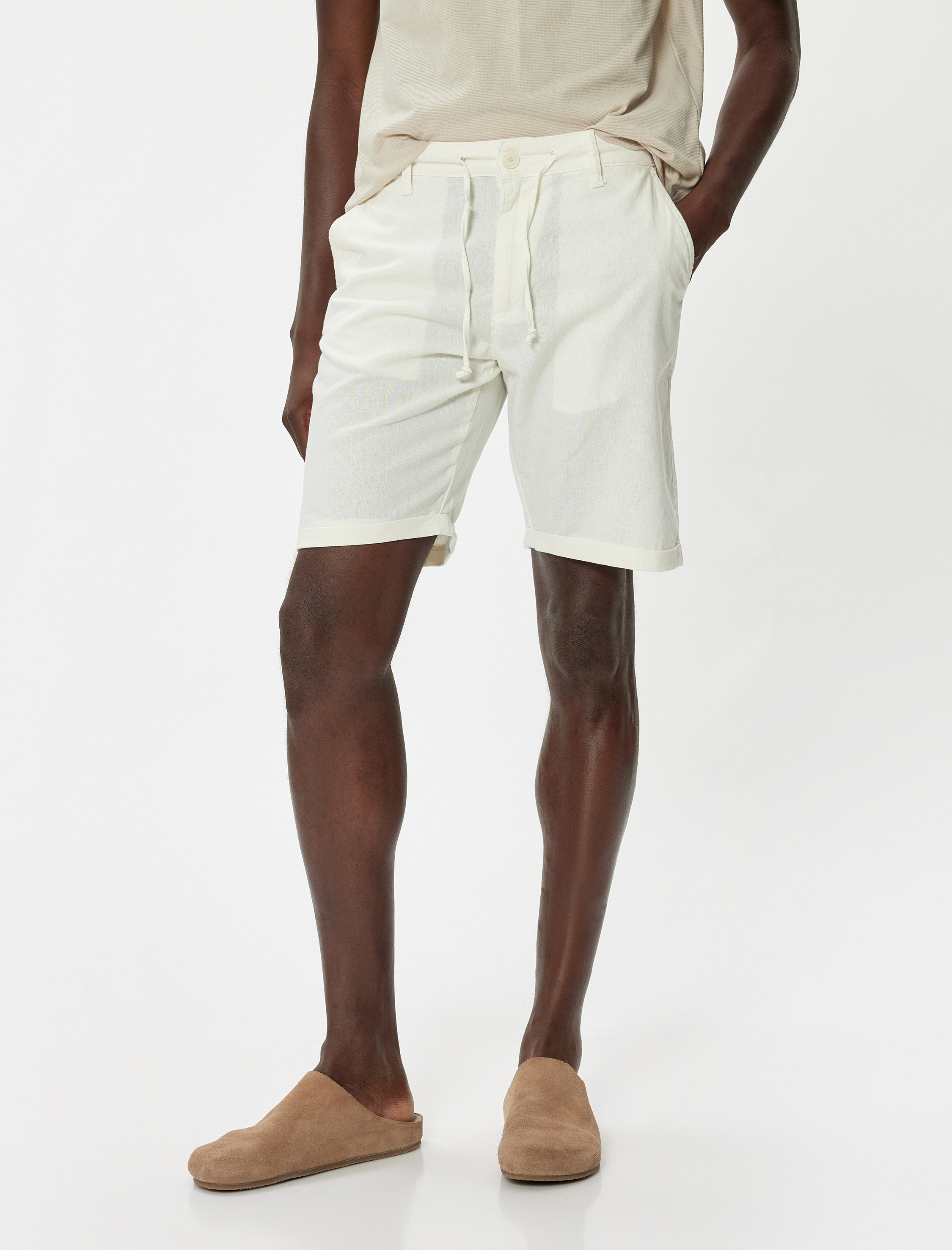 Bermuda Şort Chino Cepli Paça Detaylı Keten Karışımlı