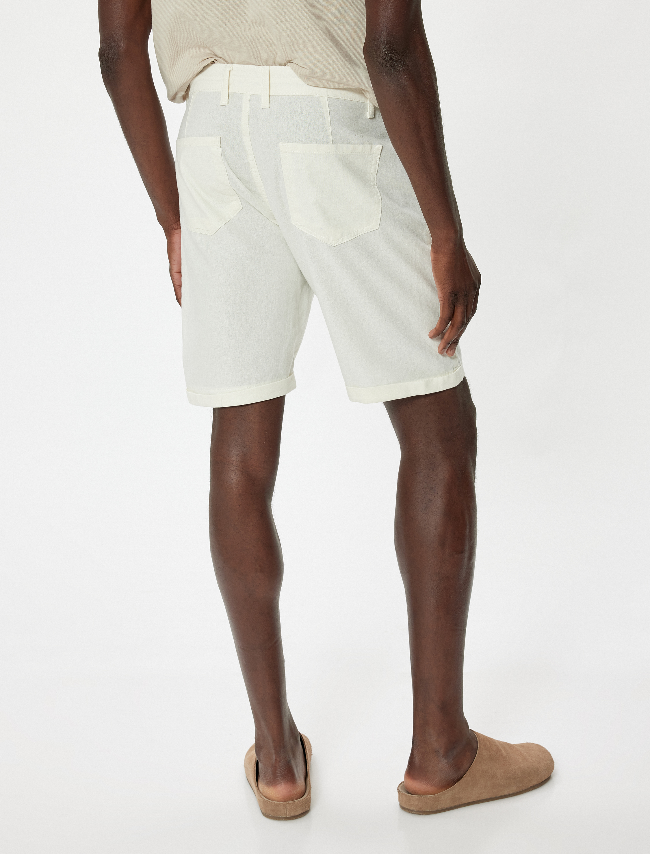 Bermuda Şort Chino Cepli Paça Detaylı Keten Karışımlı