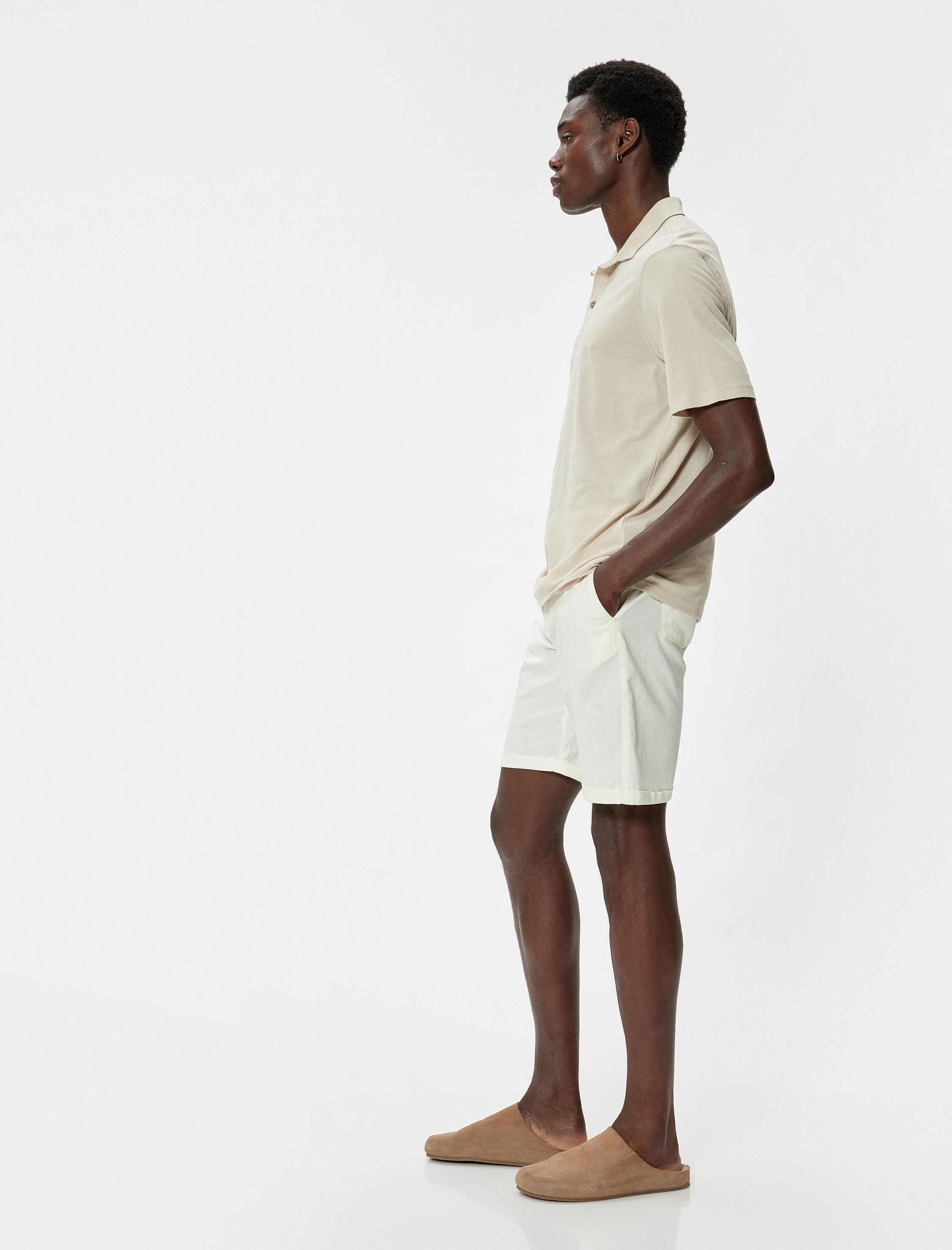 Bermuda Şort Chino Cepli Paça Detaylı Keten Karışımlı