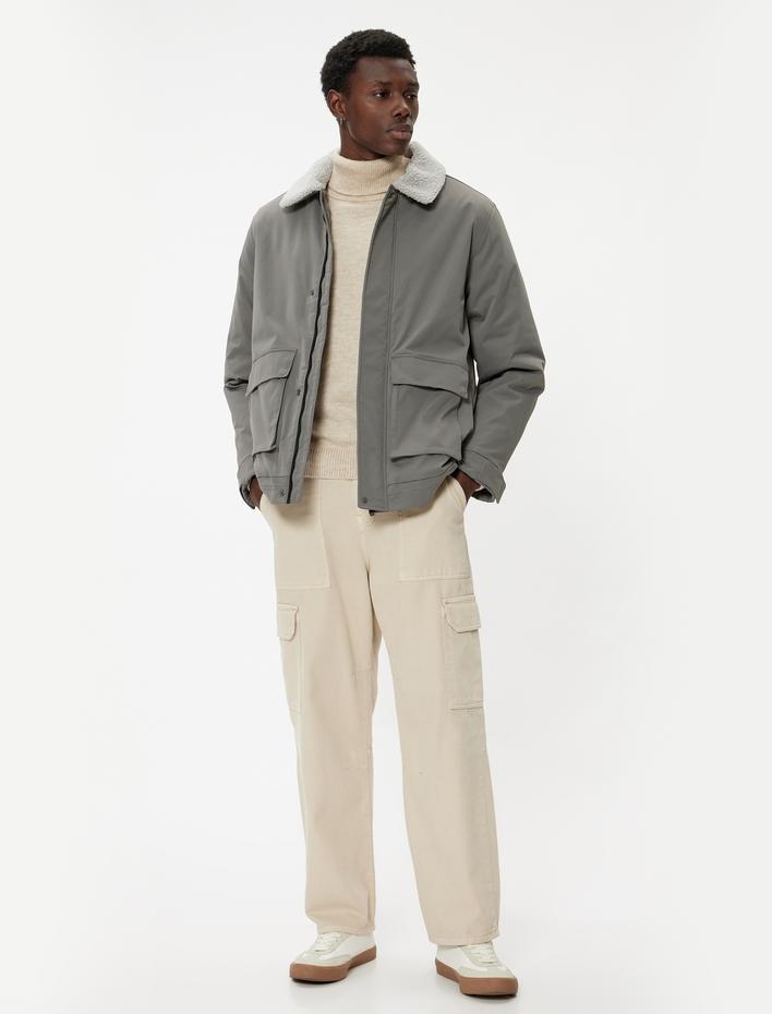  Slim Fit Fermuarlı Peluş Yaka Ceket