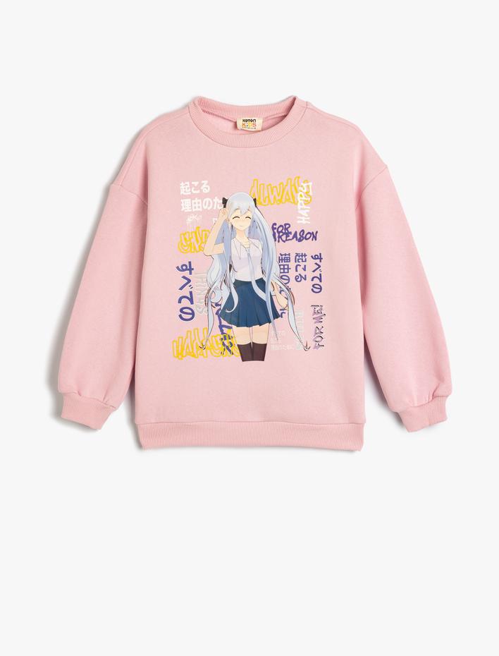 Kız Çocuk Anime Baskılı Sweatshirt Şardonlu Uzun Kollu Bisiklet Yaka