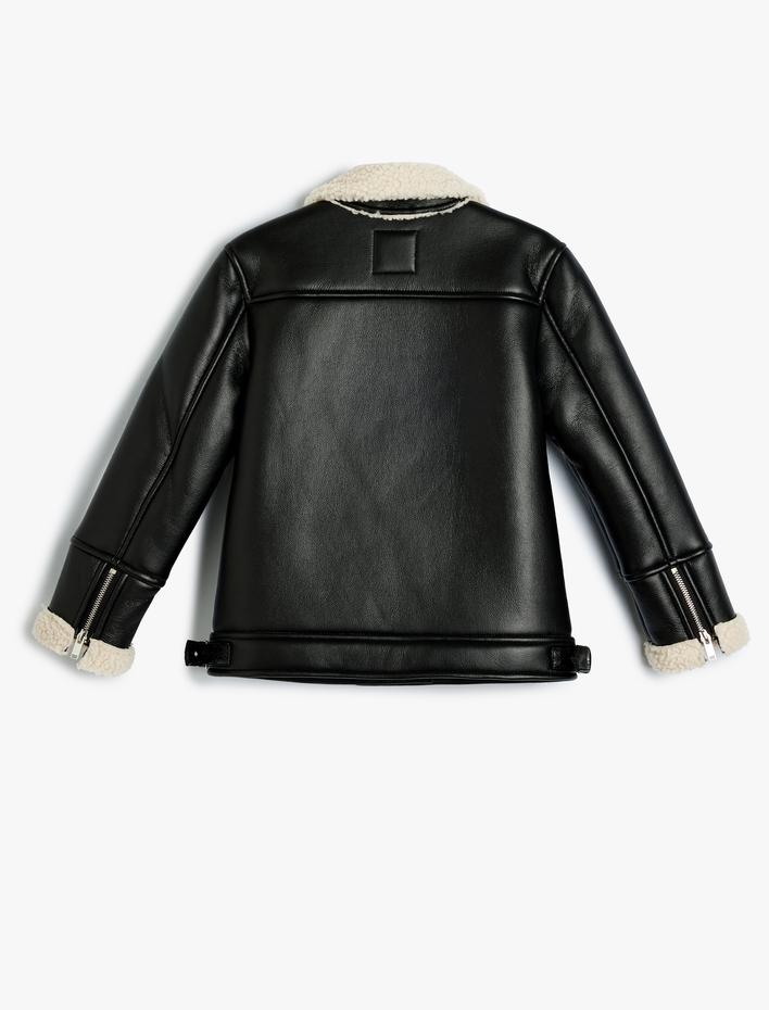 Kız Çocuk Biker Ceket Deri Görünümlü Suni Kürk Yaka Detaylı Fermuarlı