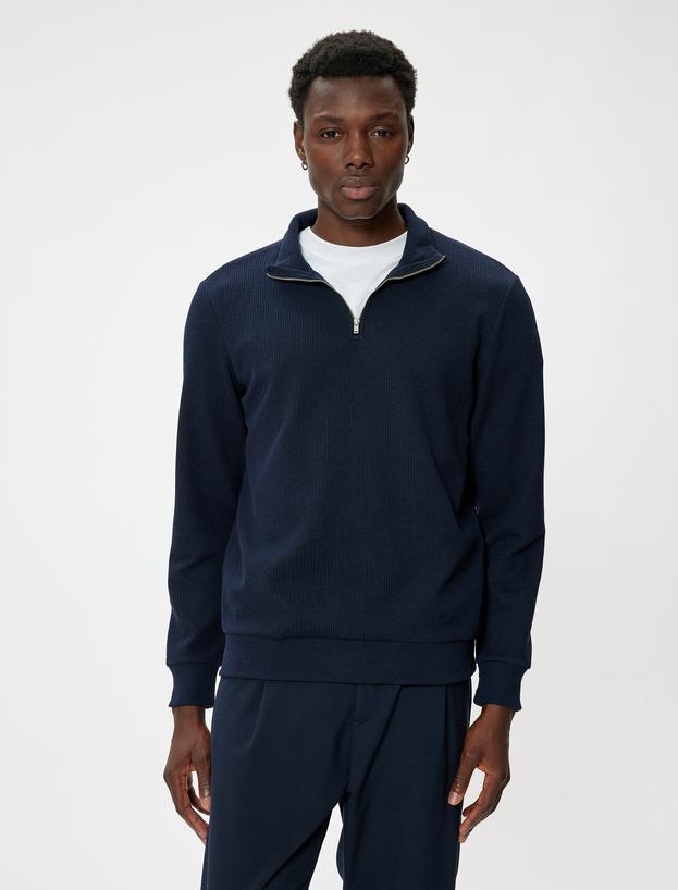 Yarım Fermuarlı Sweatshirt Uzun Kollu Dokulu Pamuk Karışımlı_2
