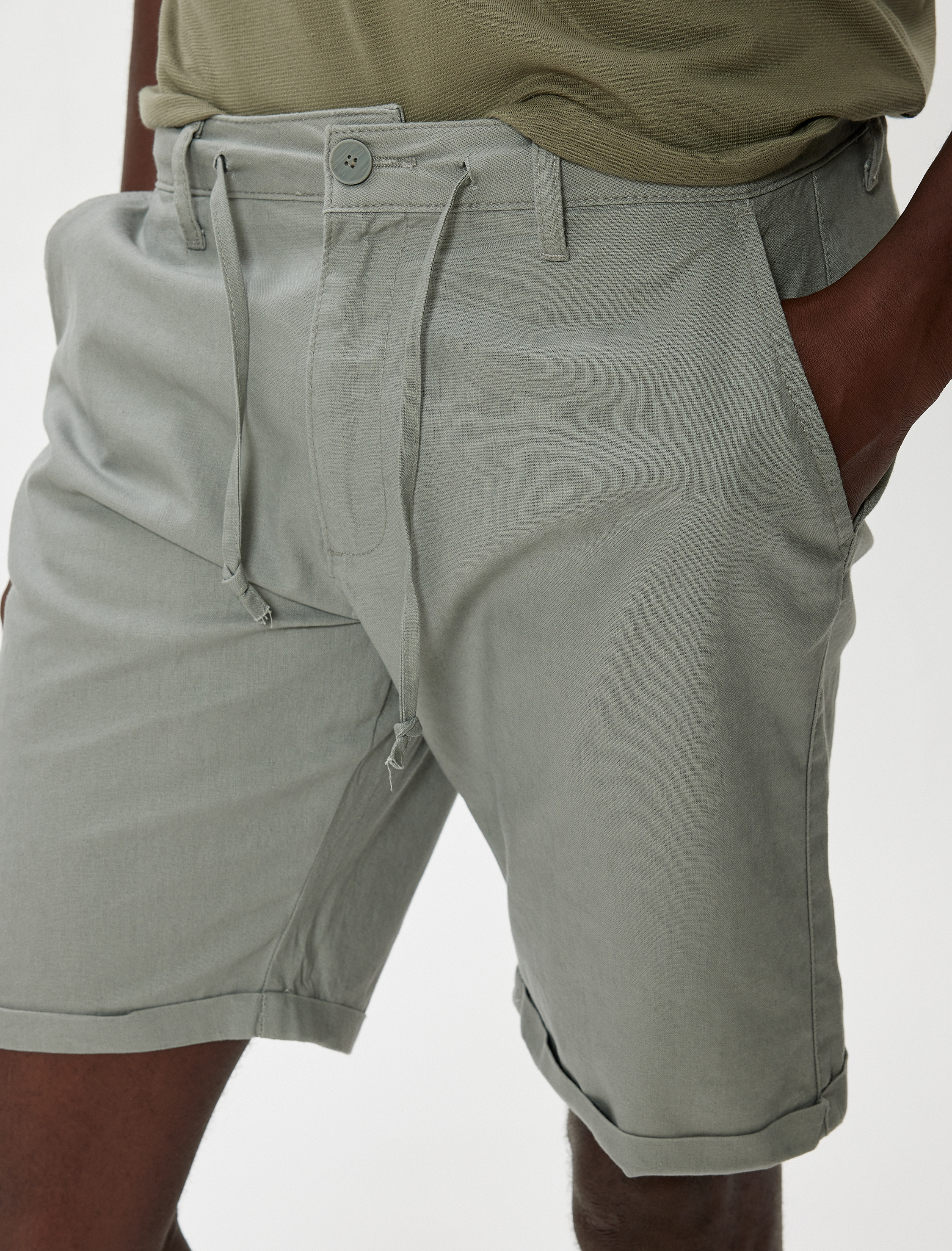   Bermuda Şort Chino Cepli Paça Detaylı Keten Karışımlı