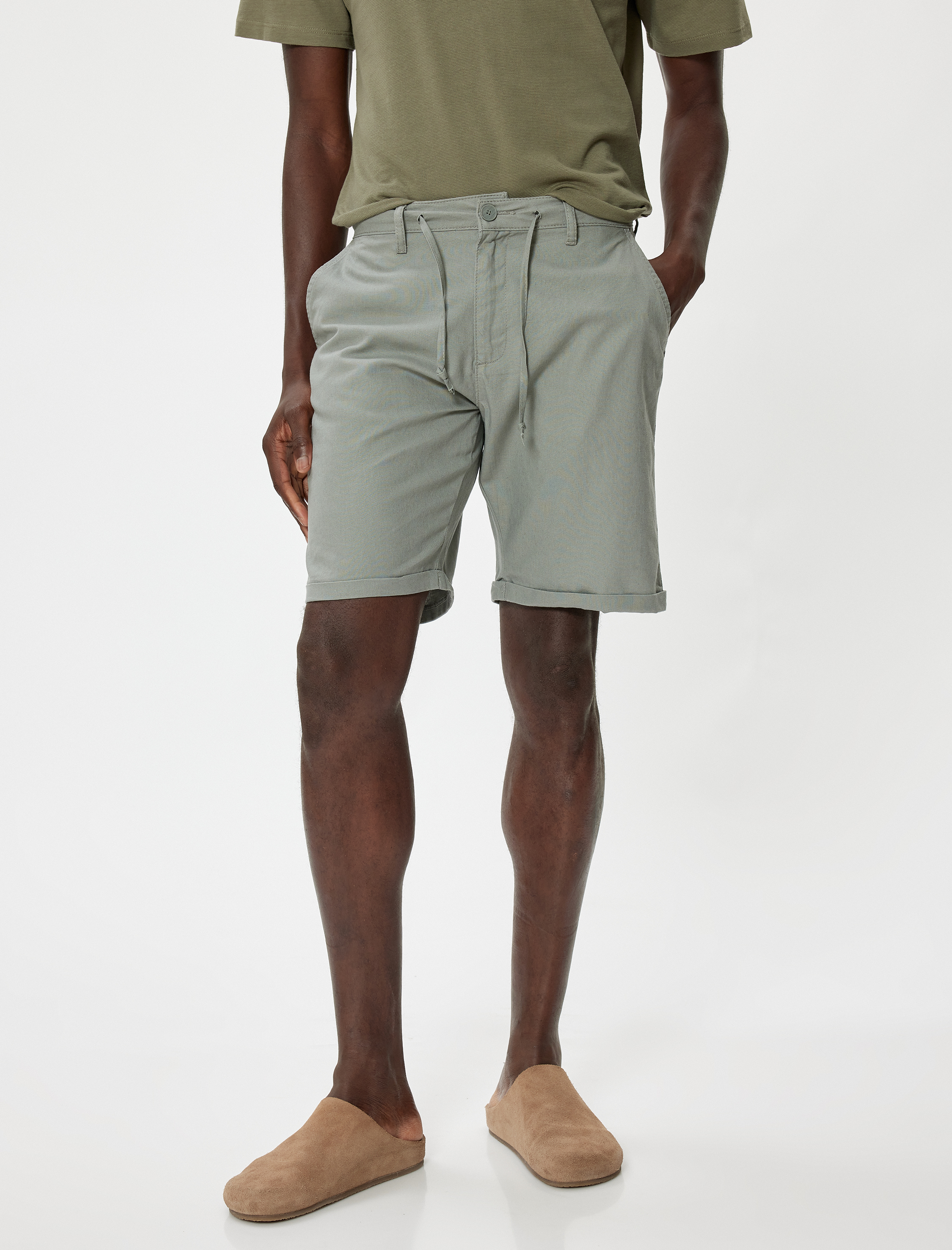   Bermuda Şort Chino Cepli Paça Detaylı Keten Karışımlı