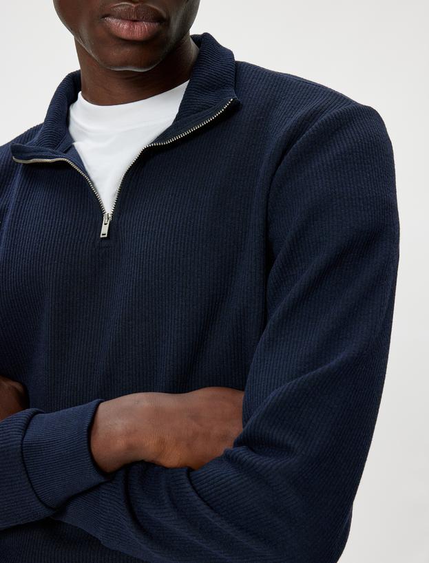 Yarım Fermuarlı Sweatshirt Uzun Kollu Dokulu Pamuk Karışımlı_4