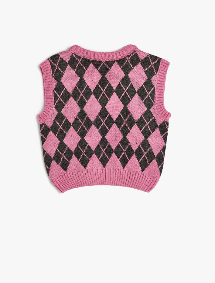 Kız Çocuk Süveter Baklava Desenli V Yaka Yumuşak Dokulu