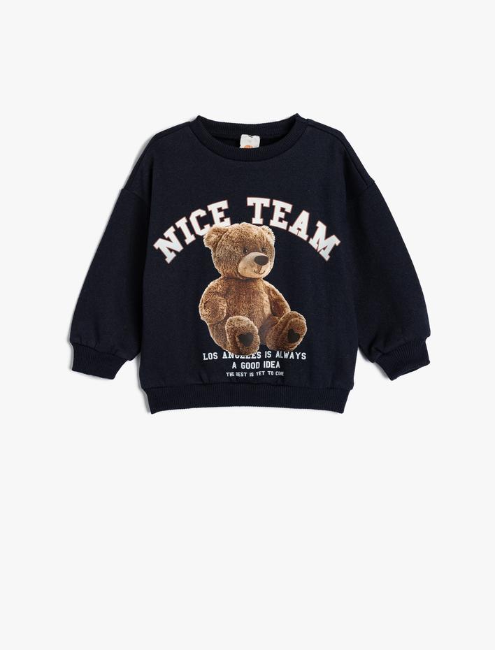 Kız Bebek Sweatshirt Uzun Kollu Ayıcık Baskılı Şardonlu Bisiklet Yaka