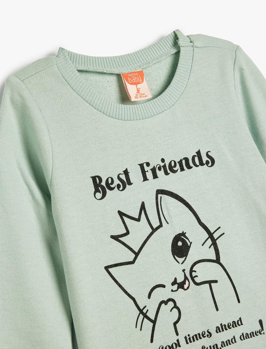  Kız Bebek Sweatshirt Uzun Kollu Kedi Baskılı Şardonlu Bisiklet Yaka Pamuklu