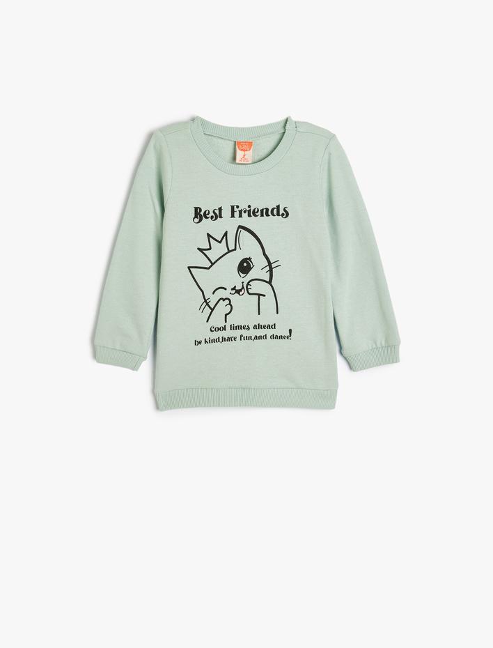 Kız Bebek Sweatshirt Uzun Kollu Kedi Baskılı Şardonlu Bisiklet Yaka Pamuklu