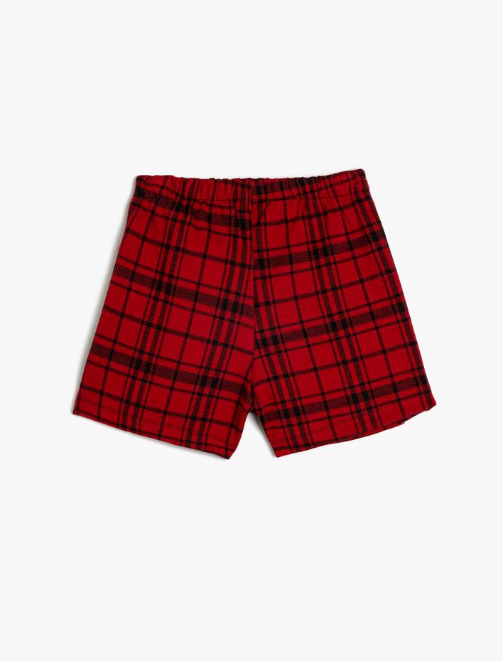 Kız Çocuk Beli Lastikli Düğme Detaylı Ekoseli Şort Etek