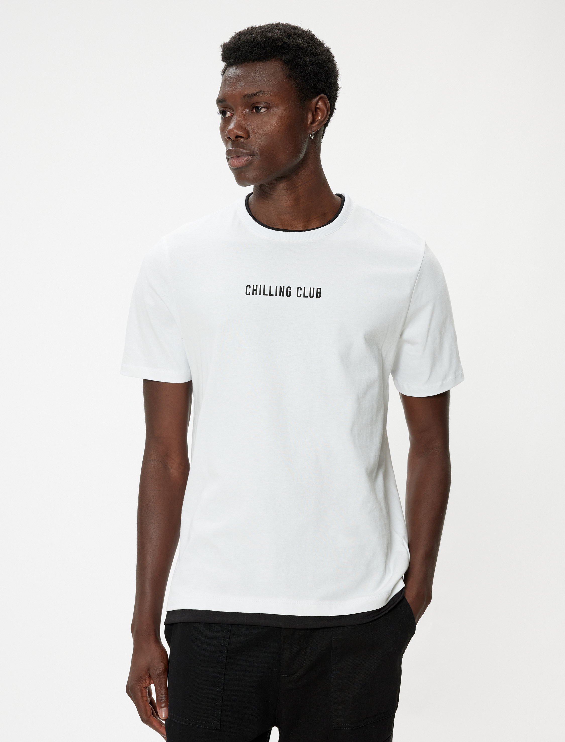   Bisiklet Yaka Tişört Slogan Baskılı Kısa Kollu Biyeli Pamuklu