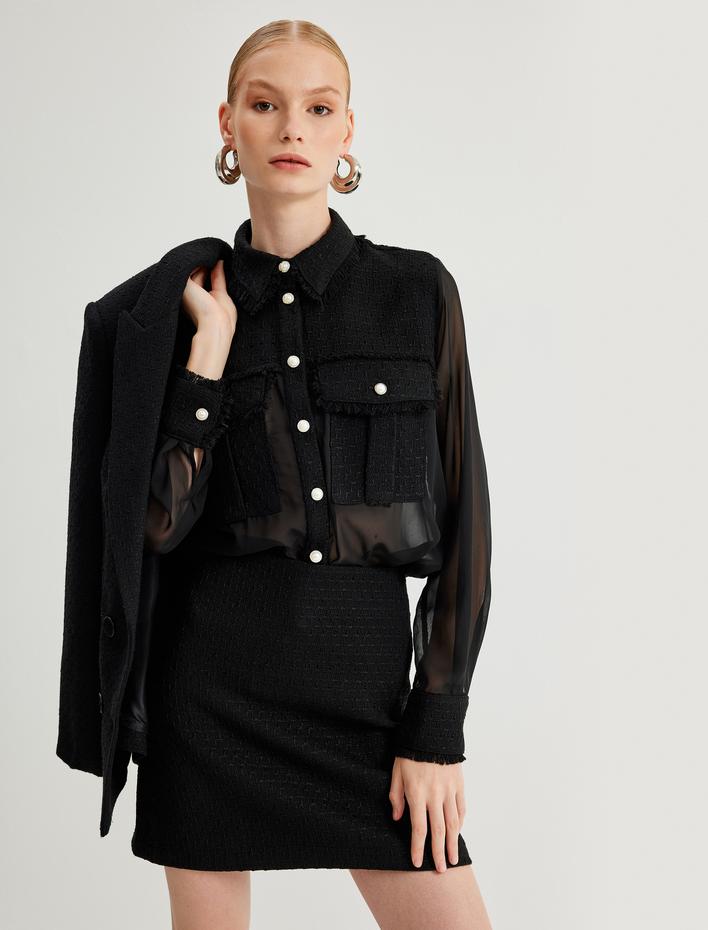  Yarı Transparan Tül Gömlek Tüvit Detaylı Kapaklı Uzun Kollu Cepli İnci Düğme Detaylı