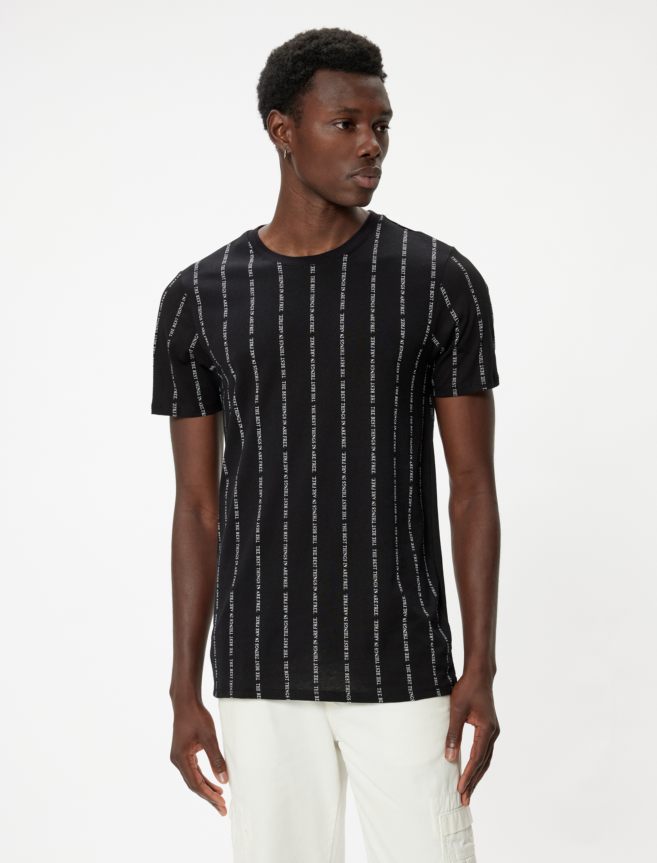   Slogan Baskılı Kısa Kollu Bisiklet Yaka Pamuklu Slim Fit Tişört